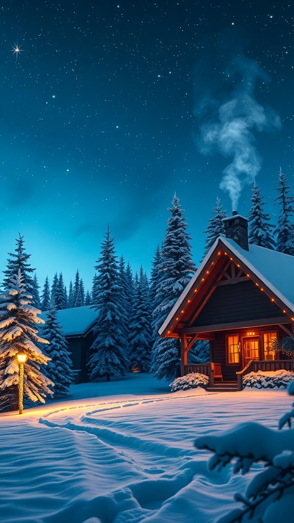 A serene winter landscape with snow-covered trees and a cozy cabin, illuminated by Christmas lights.